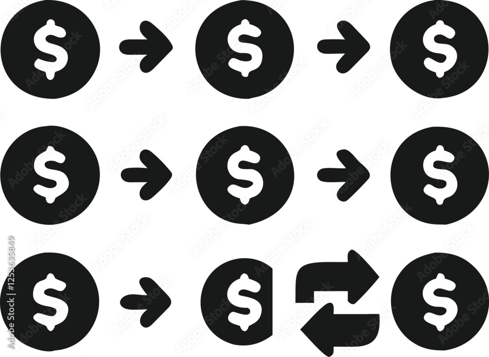 Obraz premium Simple Black and White Dollar Icons with Directional Arrows for Financial Transactions