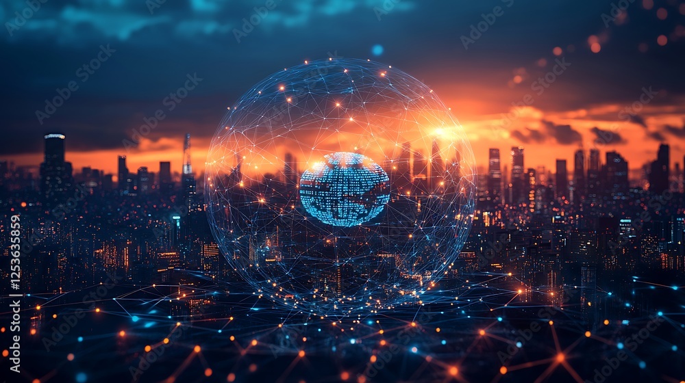 Obraz premium Futuristic Digital Globe with City Skyline Background