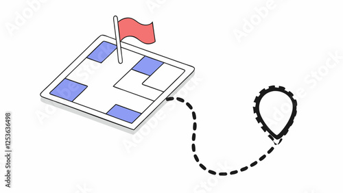 A digital map with a red flag symbolizes a goal or destination, while a dotted line leads to a location marker. The illustration conveys a sense of direction and navigation.AI