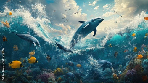 A vibrant marine ecosystem, where dolphins leap joyfully in the waves, schools of colorful fish swim beneath, and the tail of a magnificent whale breaks through the water surface.