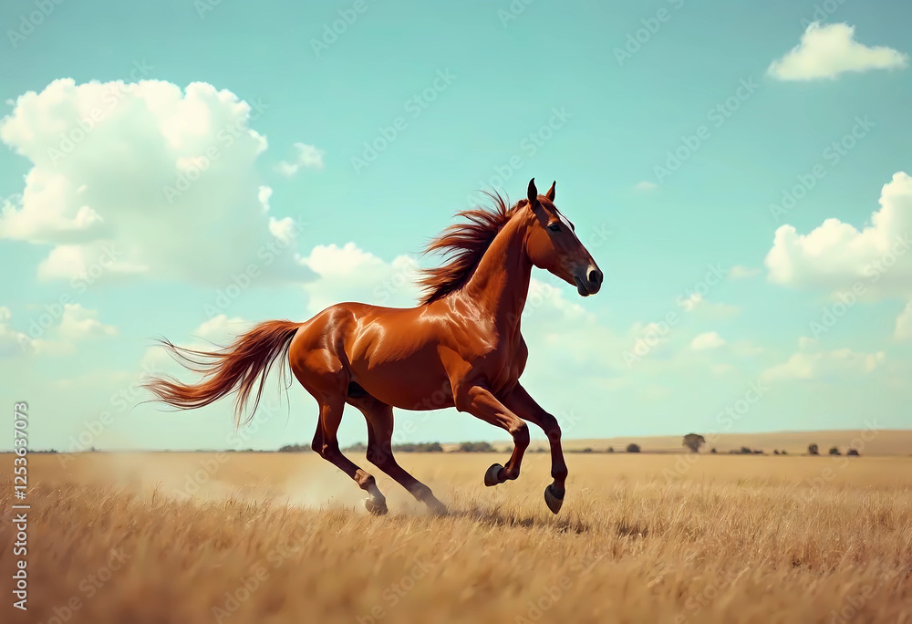 Majestic Chestnut Horse Galloping Across Golden Fields Under a Summer Sky Majestic Chestnut Horse Galloping Across Golden Fields Under a Summer Sky