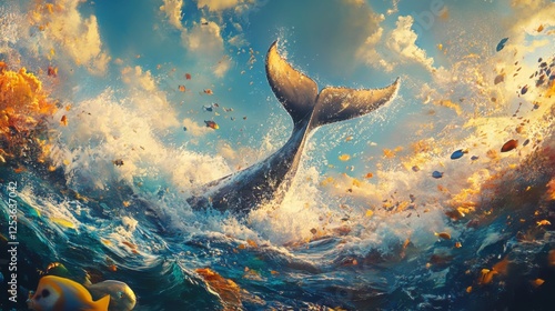 A vibrant marine ecosystem, where dolphins leap joyfully in the waves, schools of colorful fish swim beneath, and the tail of a magnificent whale breaks through the water surface.