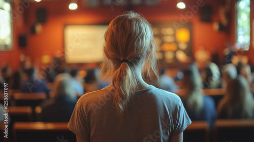 Blurred Name Tag in Foreground with Community Town Hall Meeting and Presentation Board