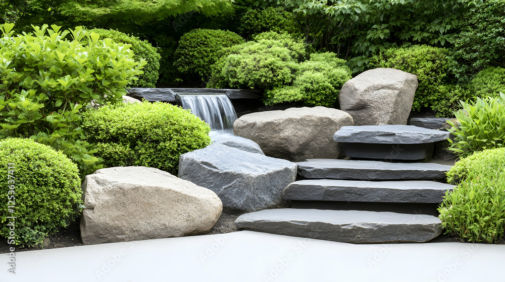 Peaceful garden waterfall scene with stone steps and lush greenery, for relaxation, landscaping concepts, or natural beauty inspiration