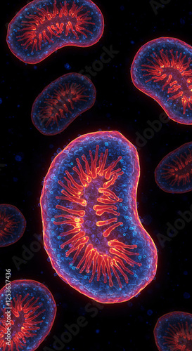 ** Mitochondria: Cellular Powerhouses Glowing in Red & Blue - Cell Biology, Organelles, Energy Production, Microscopic World