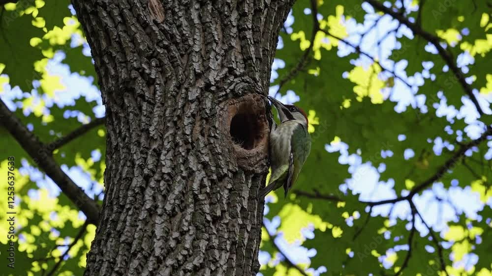 Vibrant Woodpecker on Tree Hollow Surrounded by Green Foliage Vibrant Woodpecker on Tree Hollow Surrounded by Green Foliage