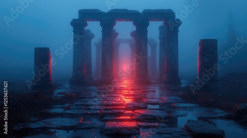 A mysterious, fog-covered ancient ruin illuminated by a glowing red light.