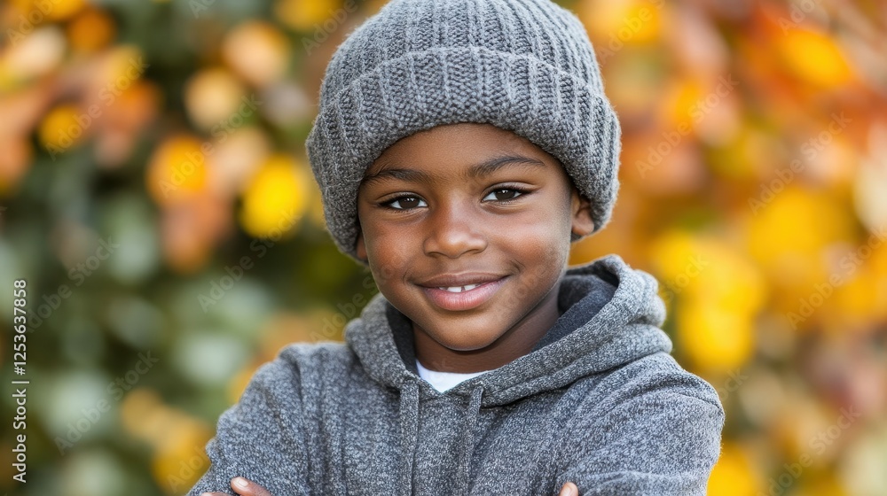 A young boy wearing a gray hat and a gray hoodie is smiling. The boy is standing in front of a tree with yellow leaves A young boy wearing a gray hat and a gray hoodie is smiling. The boy is standing in front of a tree with yellow leaves