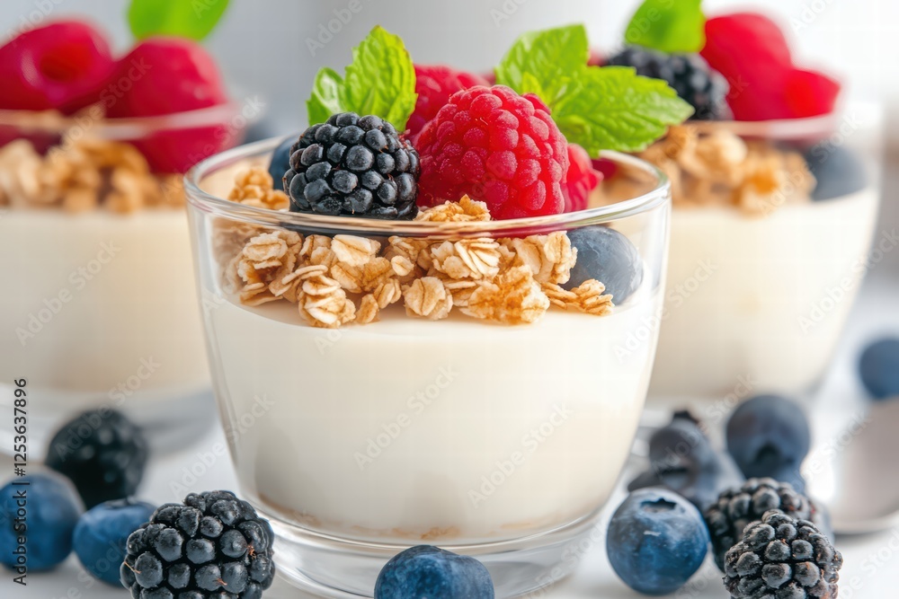 Fresh Yogurt Parfait with Berries and Granola in Clear Glass Cup Fresh Yogurt Parfait with Berries and Granola in Clear Glass Cup