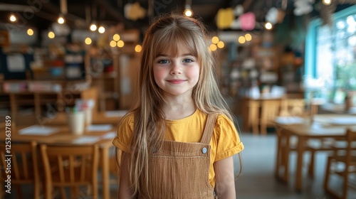 Wallpaper Mural A young girl in a yellow shirt stands in front of a classroom with wooden chairs and tables. She is smiling and looking at the camera Torontodigital.ca
