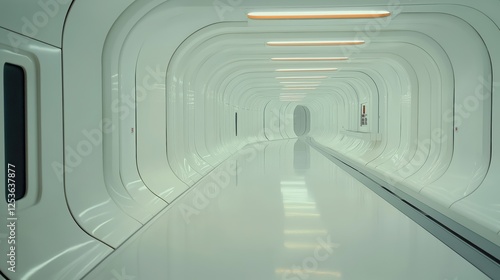 Empty Futuristic Hallway Interior Design Image Featuring Modern Architecture And White Space Charact photo