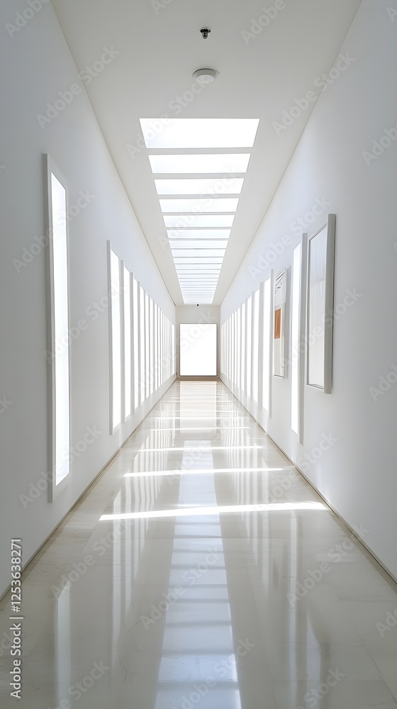 Obraz premium A bright and open museum hallway with symmetrical lighting and an oversized blank white frame.