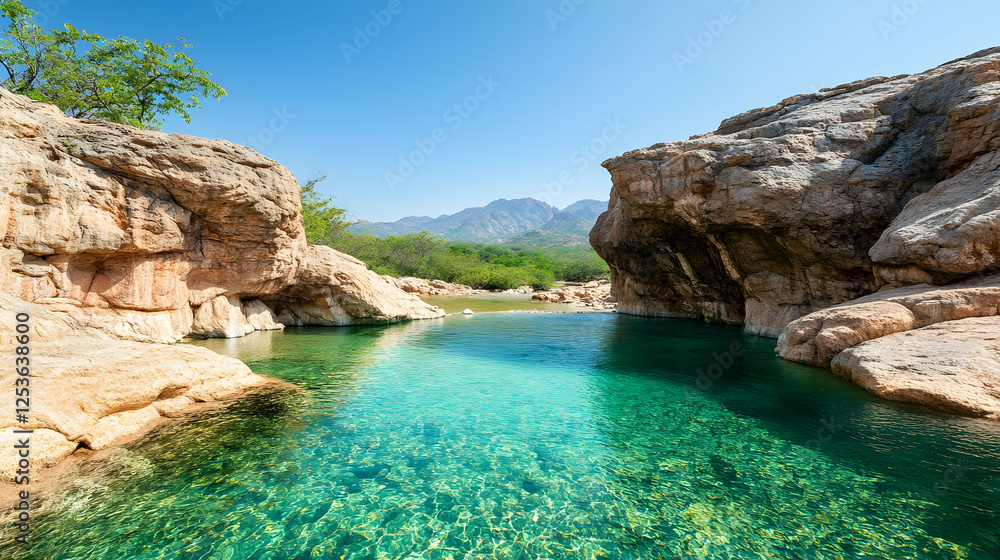Fototapeta premium Serene blue waters pool in rocky Oman, mountains and trees backdrop, use as travel inspiration, wallpaper, calendar, or print