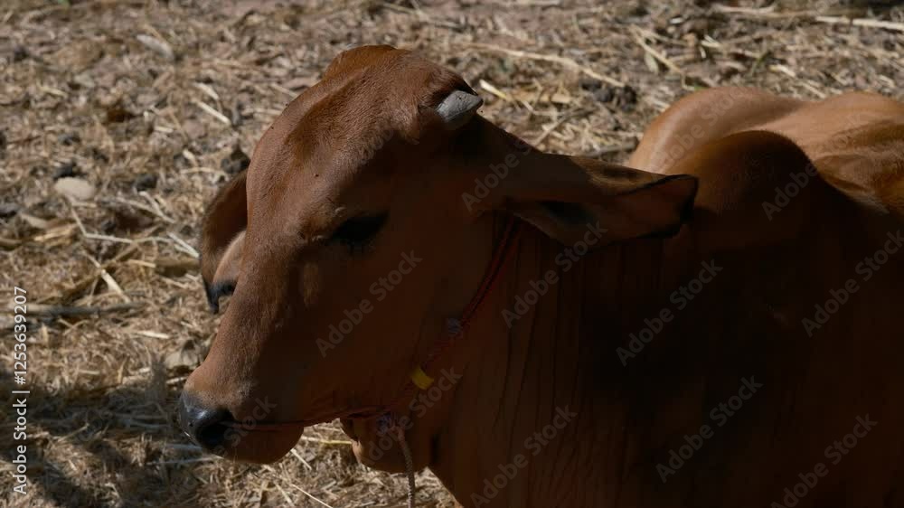 Close-up of a brown calf resting in a sunny farm environment. Close-up of a brown calf resting in a sunny farm environment.