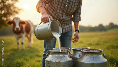 Farmer pours milk into can, in the background of a meadow with a cow