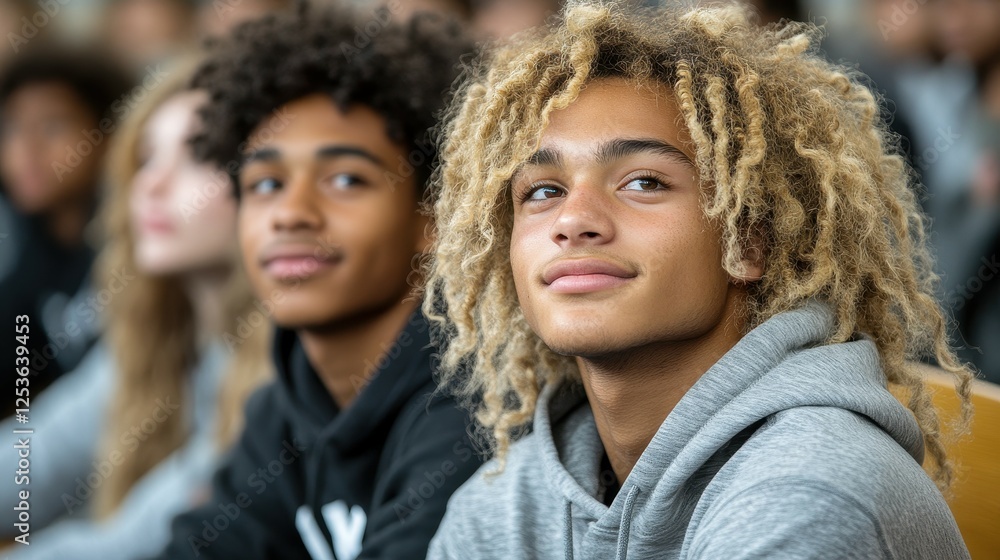 Three young men with curly hair are sitting in a classroom. One of them is smiling. Scene is relaxed and casual Three young men with curly hair are sitting in a classroom. One of them is smiling. Scene is relaxed and casual