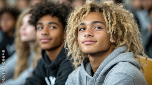 Three young men with curly hair are sitting in a classroom. One of them is smiling. Scene is relaxed and casual