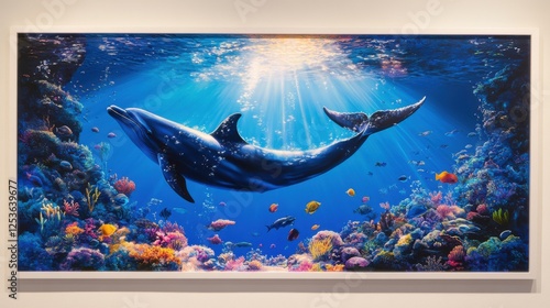 An awe-inspiring seascape featuring a pod of dolphins leaping in the waves, schools of vibrant fish swimming below, and the majestic tail of a whale emerging from the deep blue ocean.