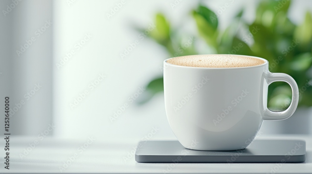 Coffee cup on warmer, bright office, plant background, relaxing break Coffee cup on warmer, bright office, plant background, relaxing break