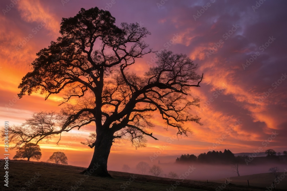 Timeless Silhouette: Majestic Oak Tree at Sunset, Side-Lit Stock Photo Timeless Silhouette: Majestic Oak Tree at Sunset, Side-Lit Stock Photo