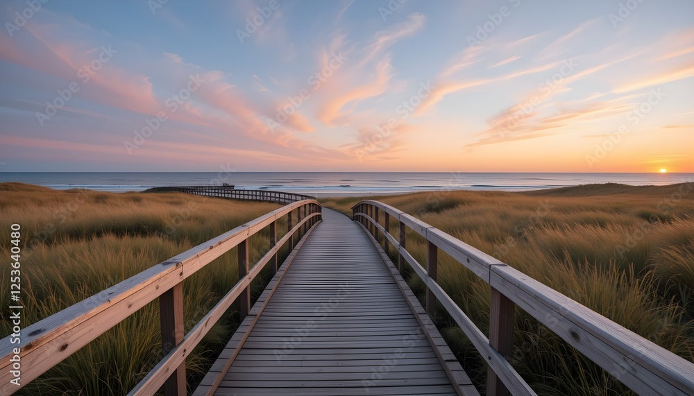 Naklejka premium A peaceful wooden boardwalk leading through lush coastal dunes to the ocean, with a stunning sunset sky. Perfect for travel, relaxation, and nature themes.