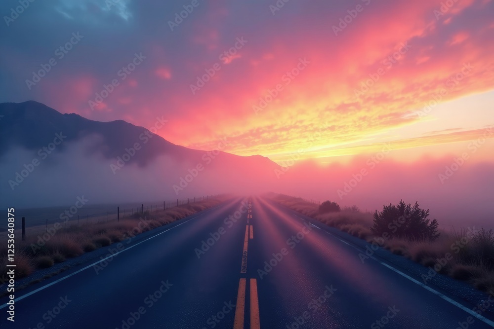Fototapeta premium Swirling misty fog over a deserted road at dusk, abstract, mist, swirling
