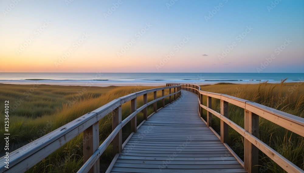 Fototapeta premium A peaceful wooden boardwalk leading through lush coastal dunes to the ocean, with a stunning sunset sky. Perfect for travel, relaxation, and nature themes.