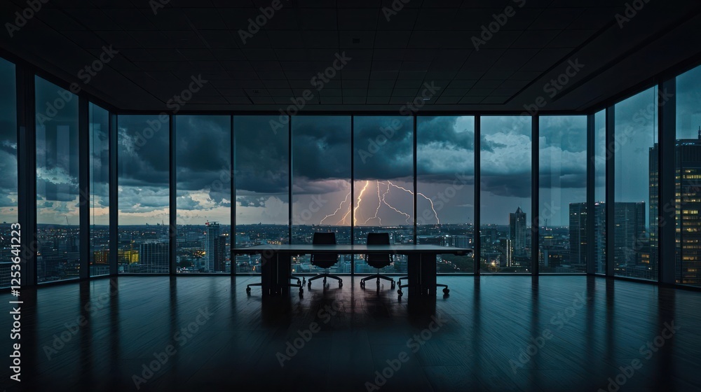 Modern Office Space With City View During Stormy Night Modern Office Space With City View During Stormy Night