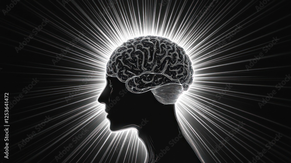 Obraz premium Human head with brain illuminated, showcasing enlightenment, conceptual image, possible use for inspiration, education, or psychology