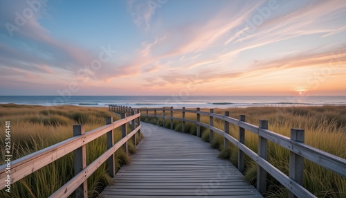 Wallpaper Mural A peaceful wooden boardwalk leading through lush coastal dunes to the ocean, with a stunning sunset sky. Perfect for travel, relaxation, and nature themes. Torontodigital.ca