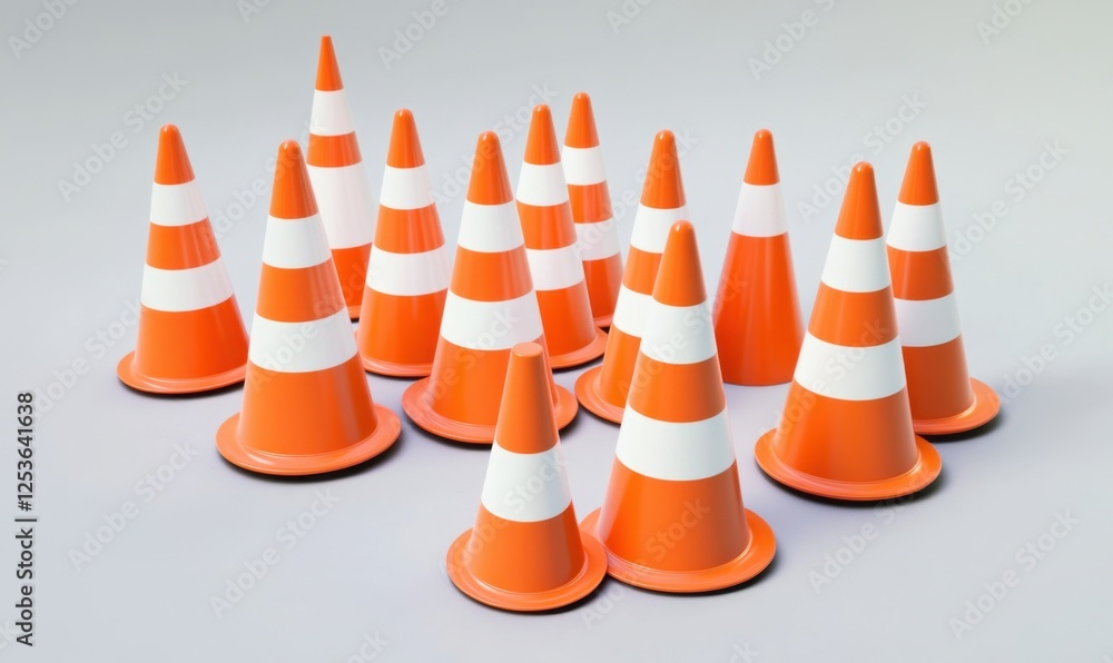 Orange traffic cones clustered on gray background; construction site safety Orange traffic cones clustered on gray background; construction site safety