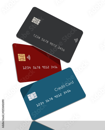 Three generic mock credit cards or debit cards are seen balancing on one another in this vector illustration about banking, finance and business.

