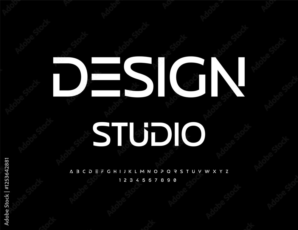 Vector Modern emblem Design Studio. Exclusive White Font. Typography Urban Alphabet Letters and Numbers. Vector Modern emblem Design Studio. Exclusive White Font. Typography Urban Alphabet Letters and Numbers.