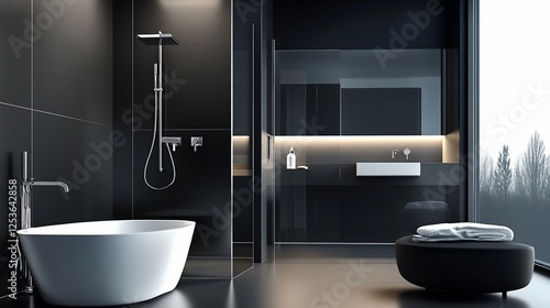 Modern luxury bathroom with black walls, a white bathtub and a shower with silver fixtures and a black pouf