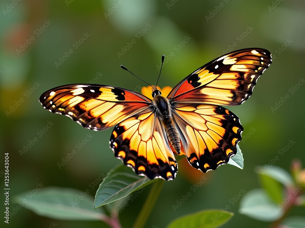 Naklejka premium Stunning Orange and Black Butterfly on Green Leaves Closeup Nature Photography