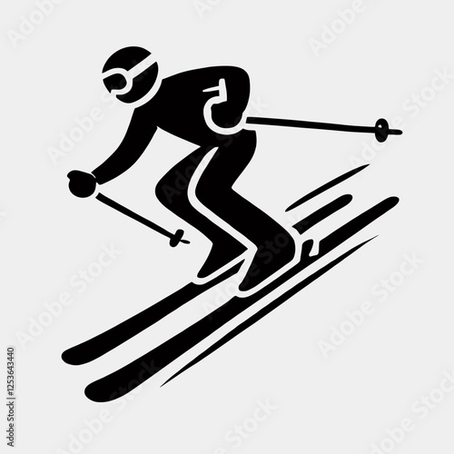 Skiing Downhill Silhouette in black on a white background