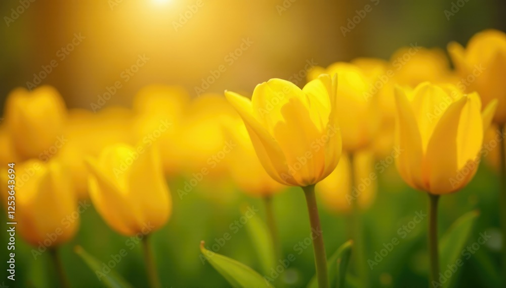 Obraz premium A bed of yellow tulips bask in the warmth and light of the sun, sunshine, bright