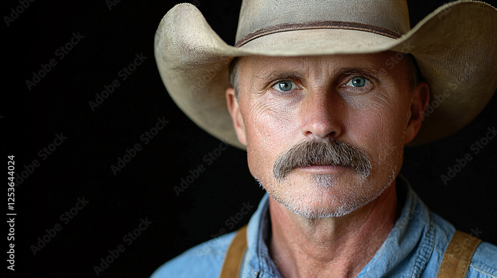 A rugged man wearing a cowboy hat and denim shirt, with a serious expression, captures the essence of rural life and cowboy culture. A rugged man wearing a cowboy hat and denim shirt, with a serious expression, captures the essence of rural life and cowboy culture.