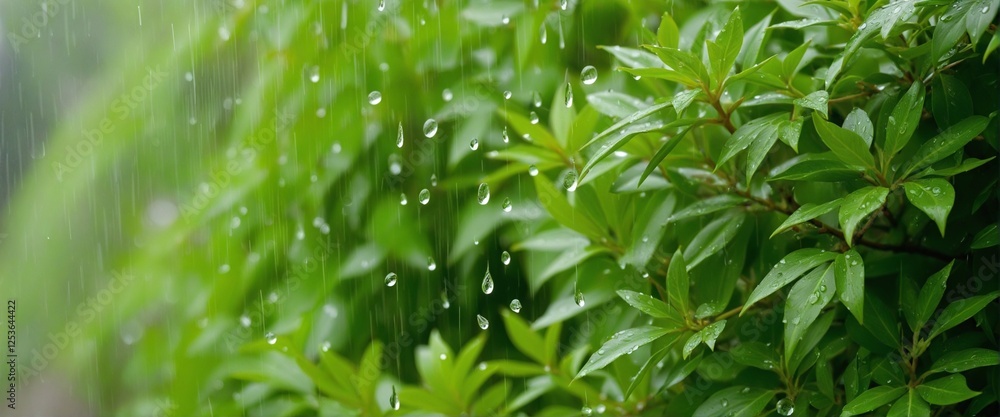 Obraz premium Gentle Spring Rain Nourishing Vibrant Green Leaves