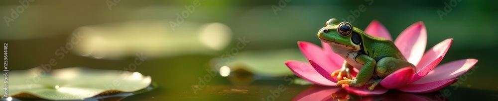 Obraz premium Solitary frog on vibrant waterlily, sunlight reflecting, summer, detail, still