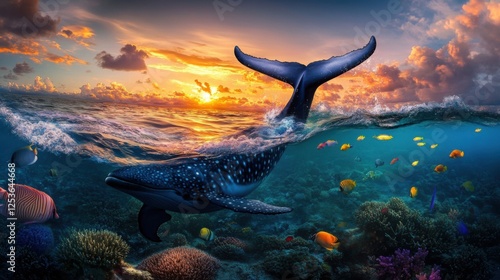 dolphins leaping in waves, colorful schools of fish beneath the surface, and perhaps even a majestic whale tail breaking away from the water.