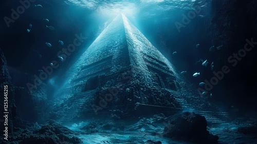 Ancient submerged pyramid underwater exploration scene for archaeological theme. Concept of mystery, discovery, sea, civilization. Generative AI