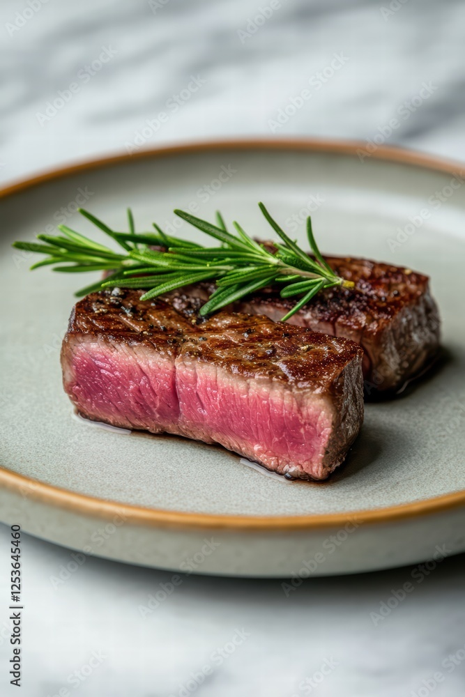 Succulent Grilled Steak with Fresh Rosemary Garnish on Plate Succulent Grilled Steak with Fresh Rosemary Garnish on Plate