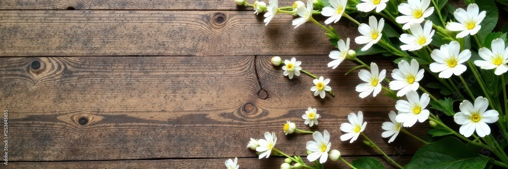 Obraz premium Wooden background with scattered white gypsophila stems and leaves, whitespring,