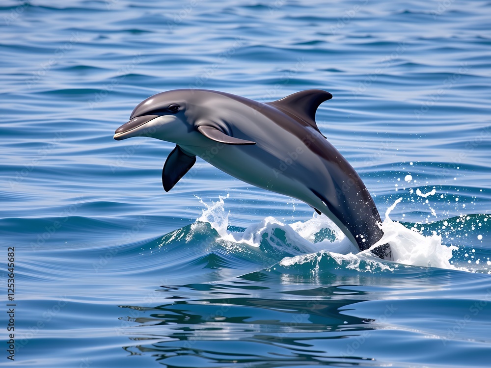 Fototapeta premium Pacific White sided Dolphin Leaping Ocean Wave Aquatic Wildlife Marine Mammal