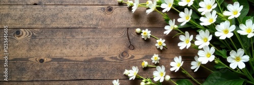 Wooden background with scattered white gypsophila stems and leaves, whitespring, photo