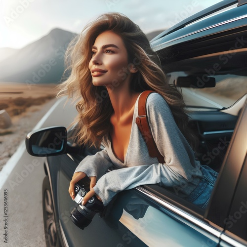  Shot of an attractive woman leaning out of car window while driving. Active lifestyle, travel.