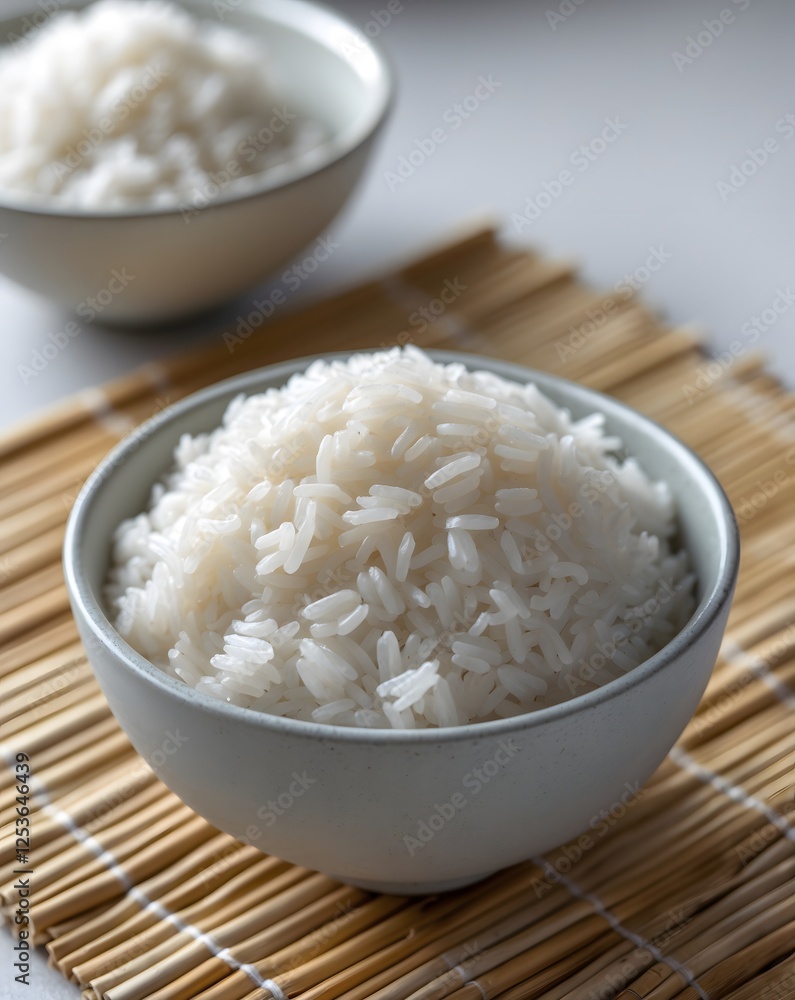 Boiled rice in grey bowl on kitchen table. AI Generative. Boiled rice in grey bowl on kitchen table. AI Generative.
