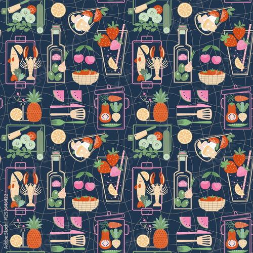 A modern seamless pattern of  food. Beautiful backdrop of traditional cuisine. A vintage wrapping paper with the kitchen elements