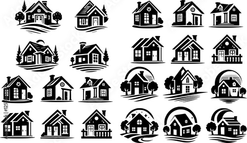 Set of black and white house vector illustrations with modern and traditional architectural styles, perfect for real estate design